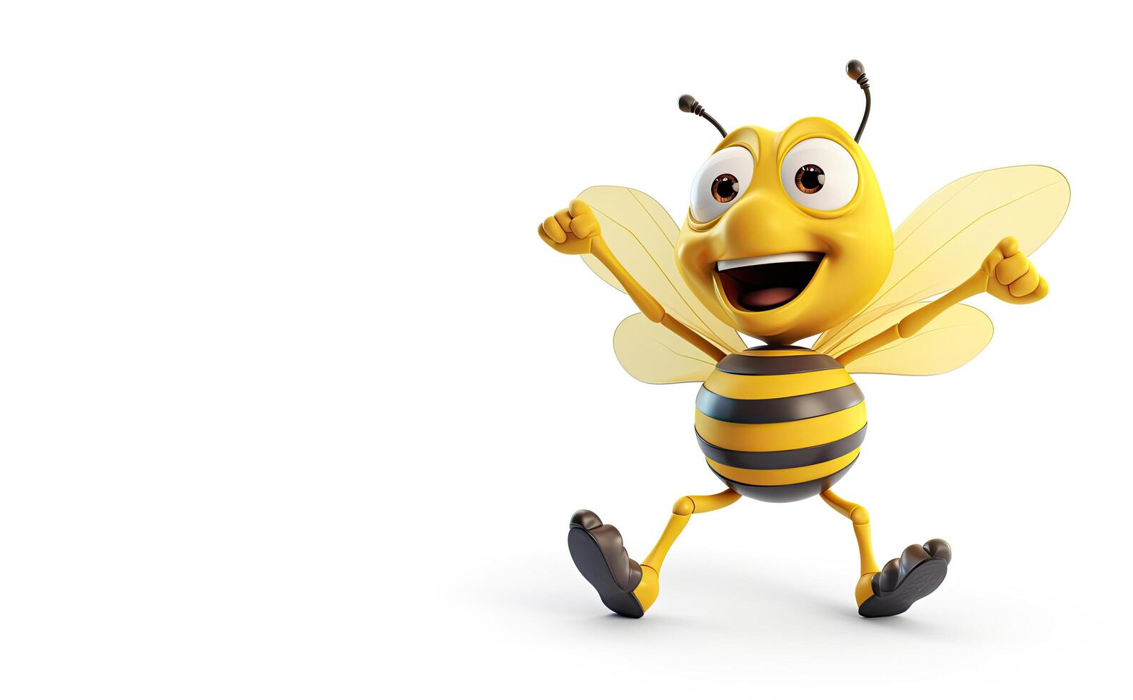 Cartoon bee running isolated on white background. 3d illustration. A cartoon bee with a happy face and arm raised in a cheerful gesture. photo