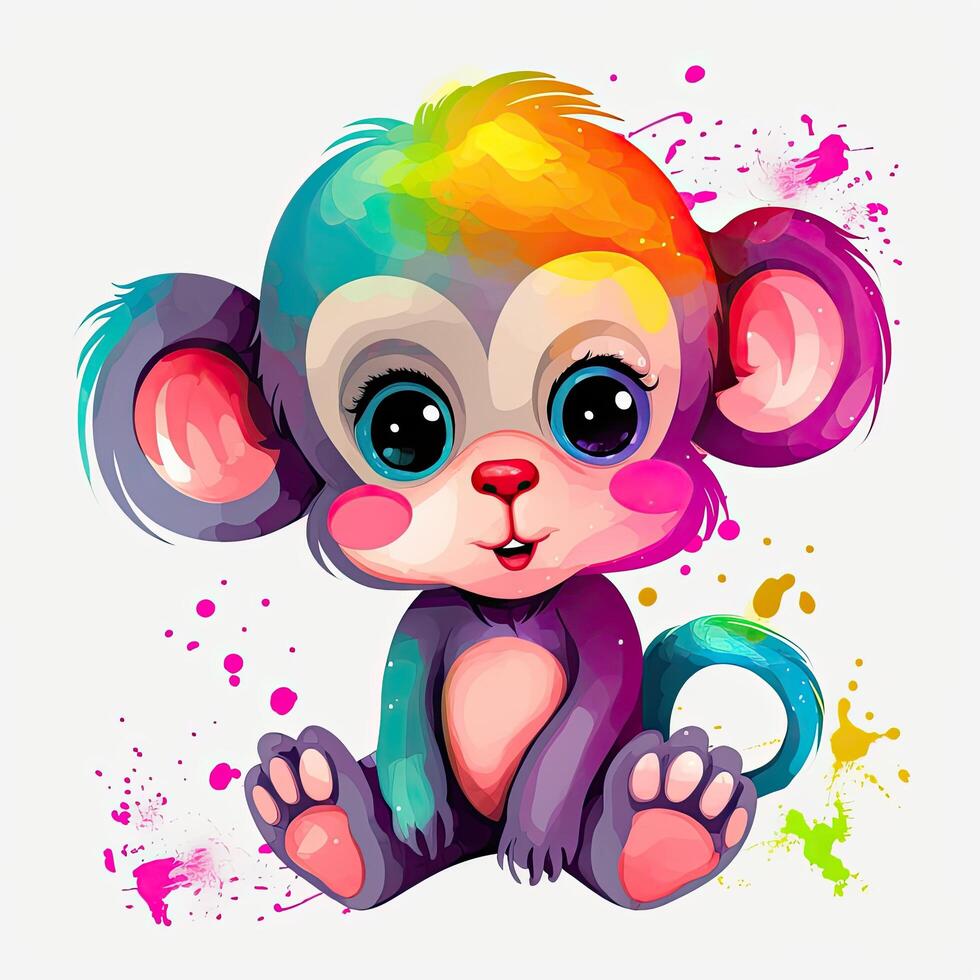 Playful monkey cub bundle illustration. Colorful monkey cub set, smiling and sitting on a white background. Monkey cub designs with cute eyes and colorful fur for coloring pages. . photo