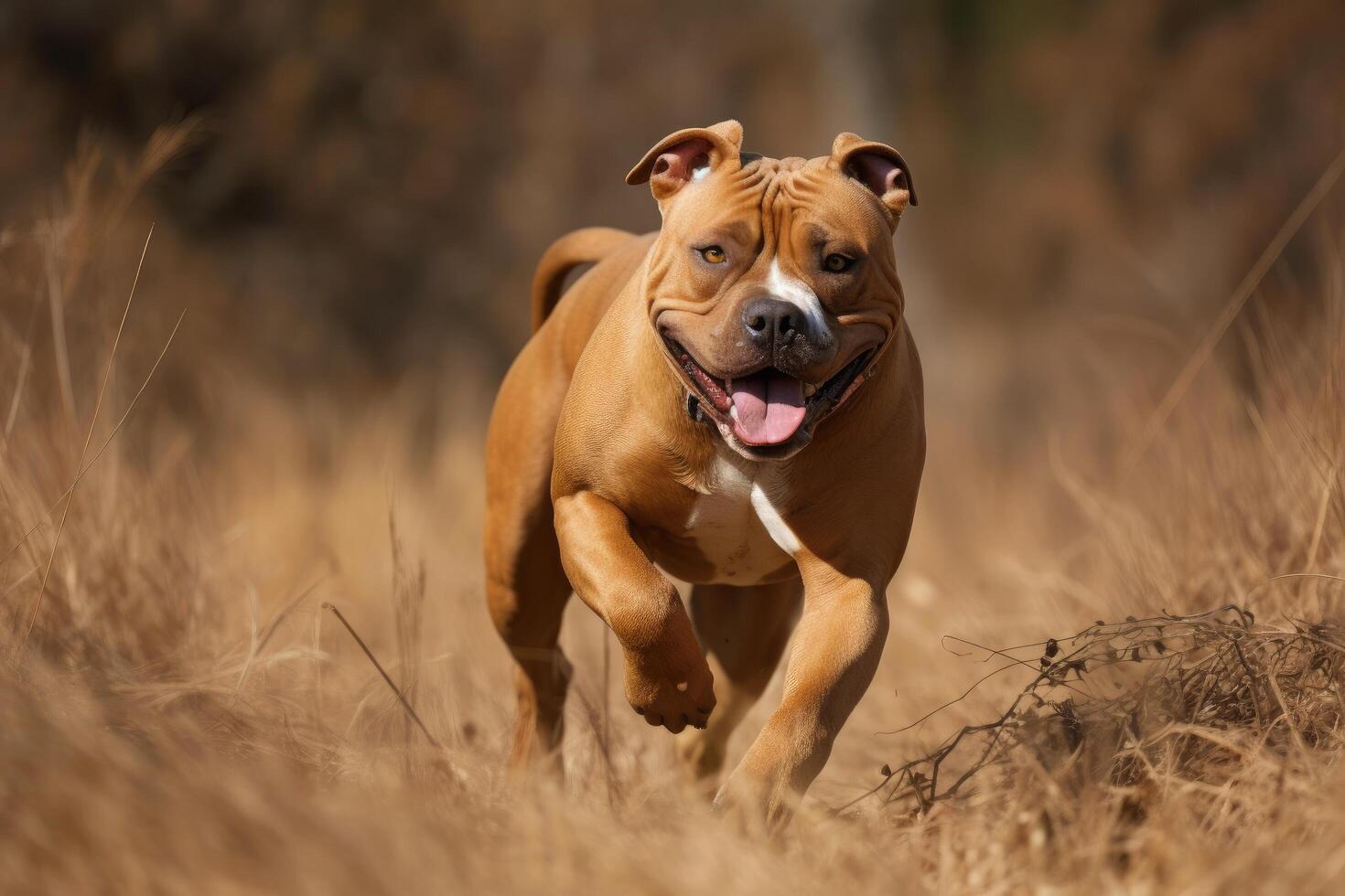 American Staffordshire Terrier running in the field with a blurred background photo