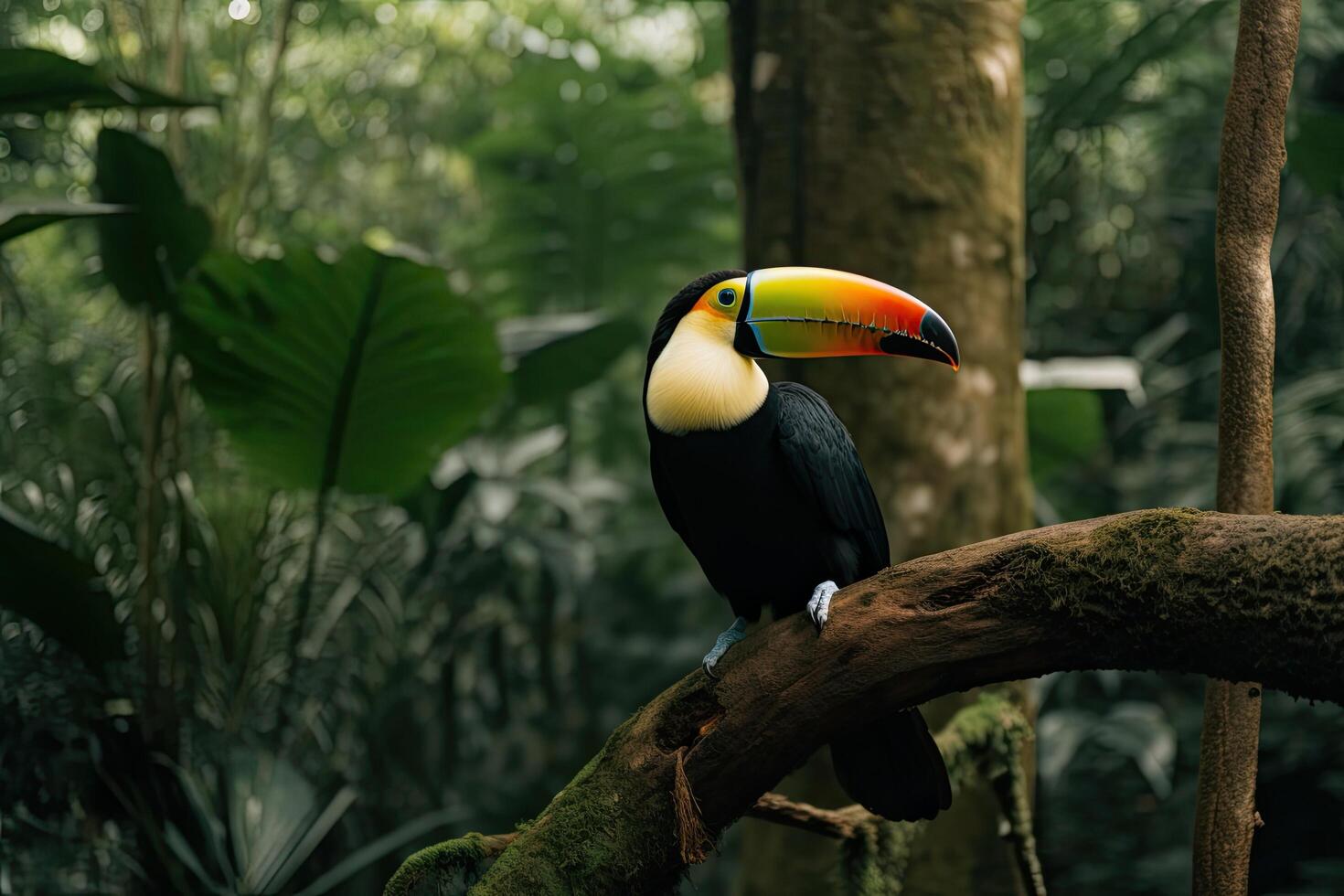 tucán sentado en un rama en el selva. para co tucán. un tucán sentado en un rama en el selva, ai generado foto