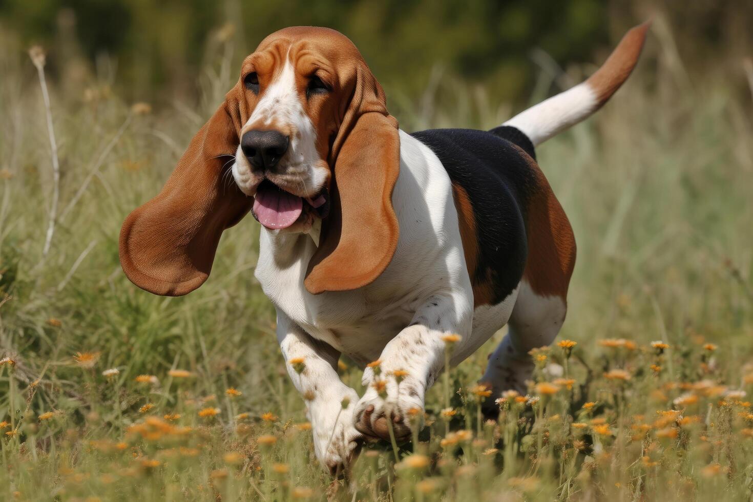 Basset hound running in the field of dandelions photo