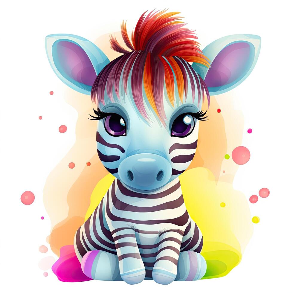 bebé cebra sentado y sonriente. juguetón cebra diseño haz ilustración. cebra jugando y sonriente en un blanco antecedentes. bebé cebra conjunto ilustración con linda ojos y color chapoteo. generativo ai. foto