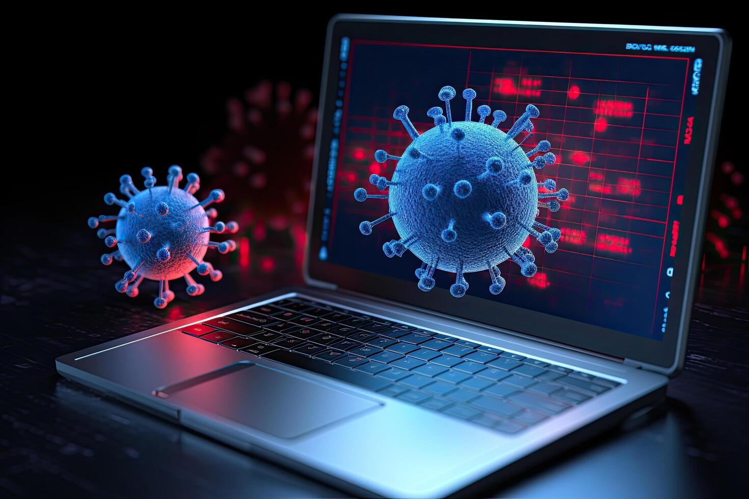 codicioso 19 virus ataque en ordenador portátil pantalla, 3d prestar, ordenador portátil pantalla muestra azul y un rojo corona virus advertencia, ai 24571652 Foto de stock en
