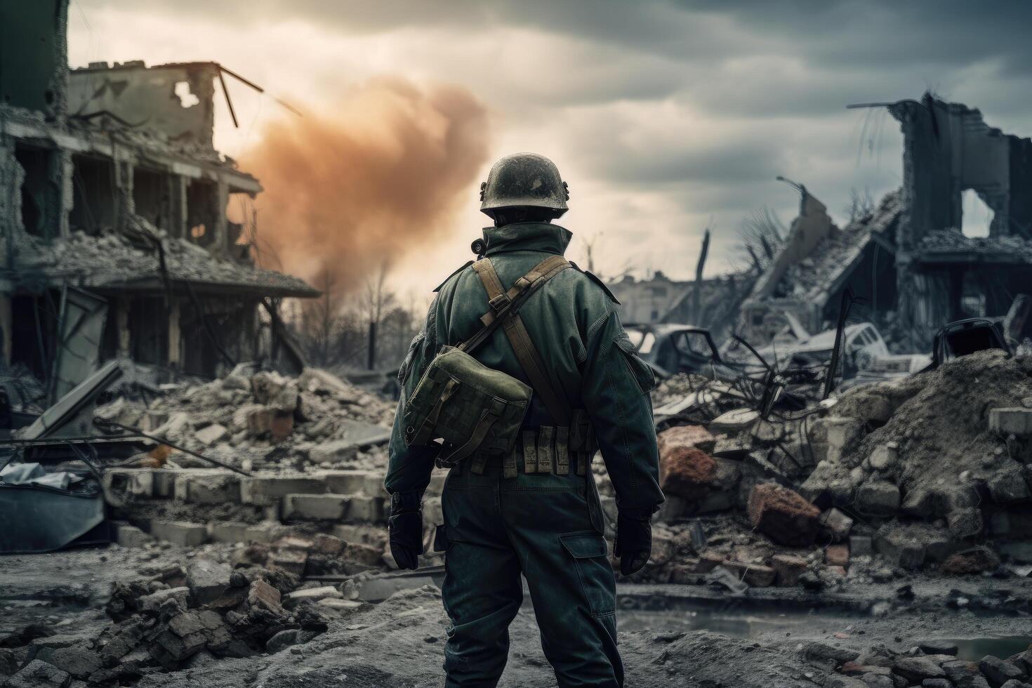 War Concept. Military man in uniform of World War II against the background of destroyed buildings. A soldier standing amidst the ruins of a destroyed city after a nuclear explosion, photo