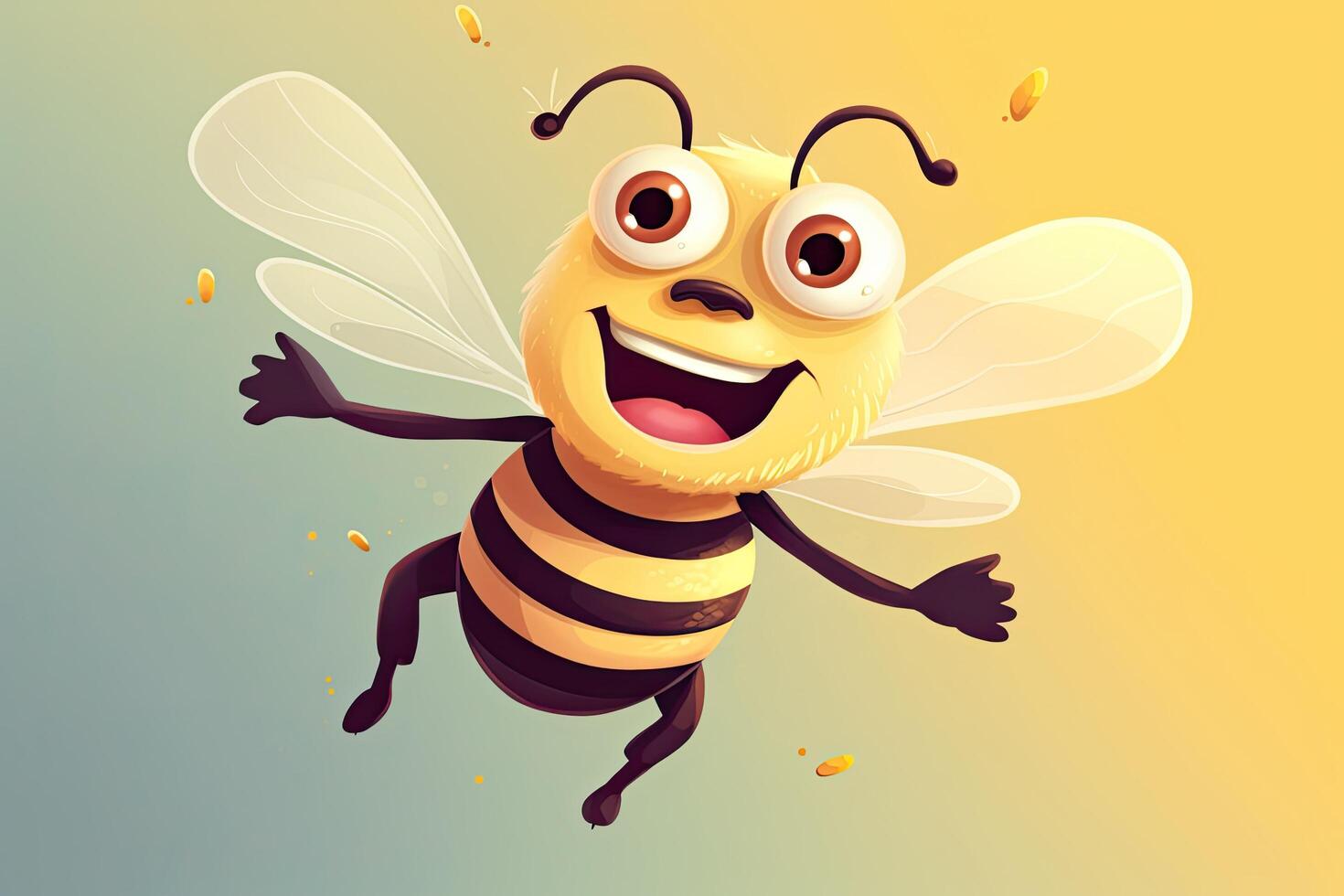 illustration of a happy cartoon bee flying on the yellow background. A cartoon bee with a happy face and arm raised in a cheerful gesture. photo