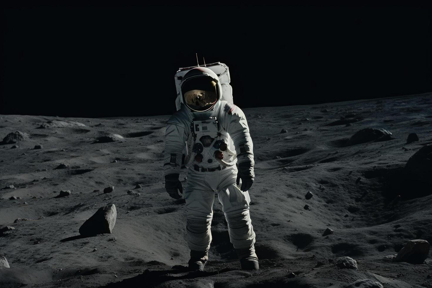 Astronaut on the moon. Astronaut in outer space. Astronaut in space suit walking on moon surface, photo
