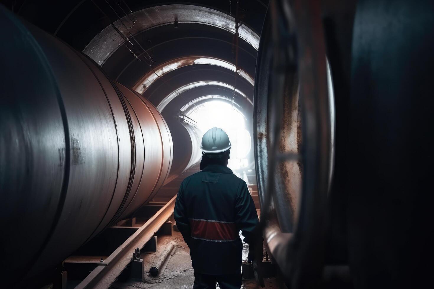 Industrial worker at the factory. Heavy industry concept. Industrial background, An engineer rear view working in front of steel pipes , photo