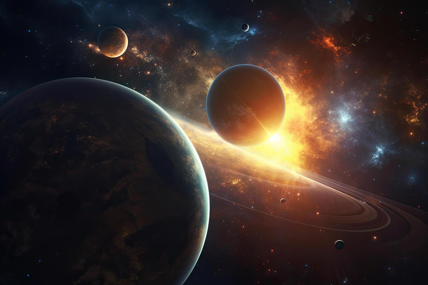 Planets, stars and galaxies in outer space showing the beauty of space exploration. A planetary system and space with stars, photo