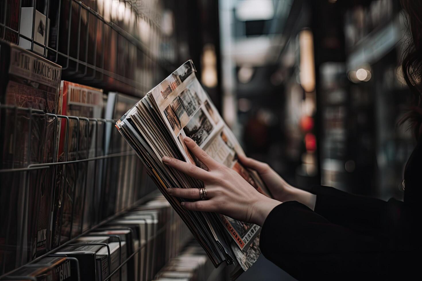 mujer leyendo un revista en un biblioteca. hembra manos participación un revista. un de cerca de un hembra clientes manos examinando mercancías o participación un compras artículo, ai generado foto