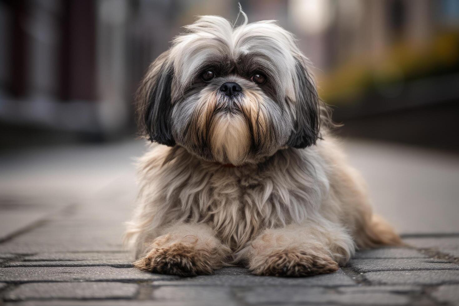 shih tzu perro en el calle. shih tzu es un raza de perro en el shih tzu familia. ai generado foto