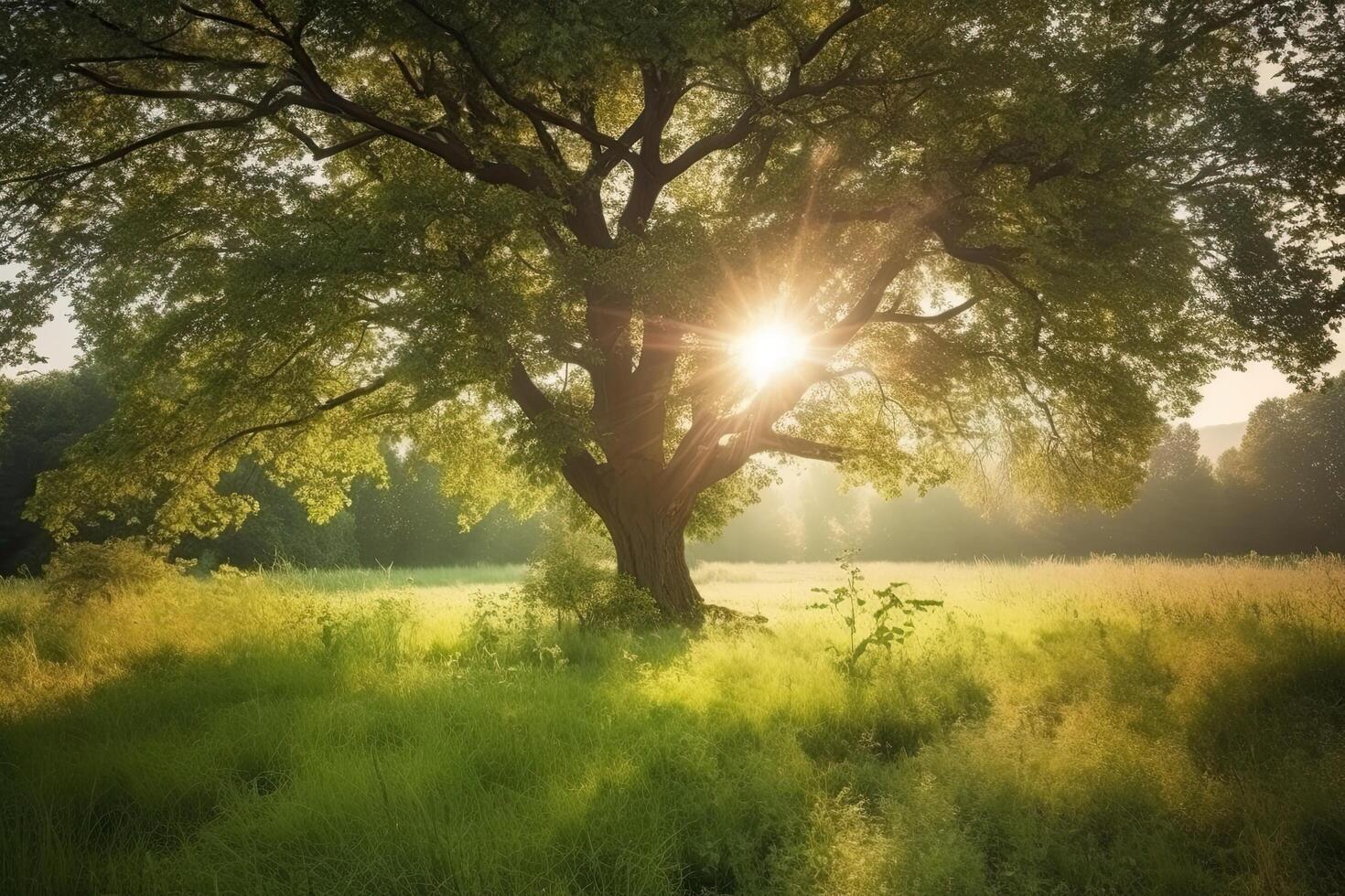 Beautiful landscape with an old oak tree on the meadow at sunrise. A beautiful nature view with a green tree in the morning, photo