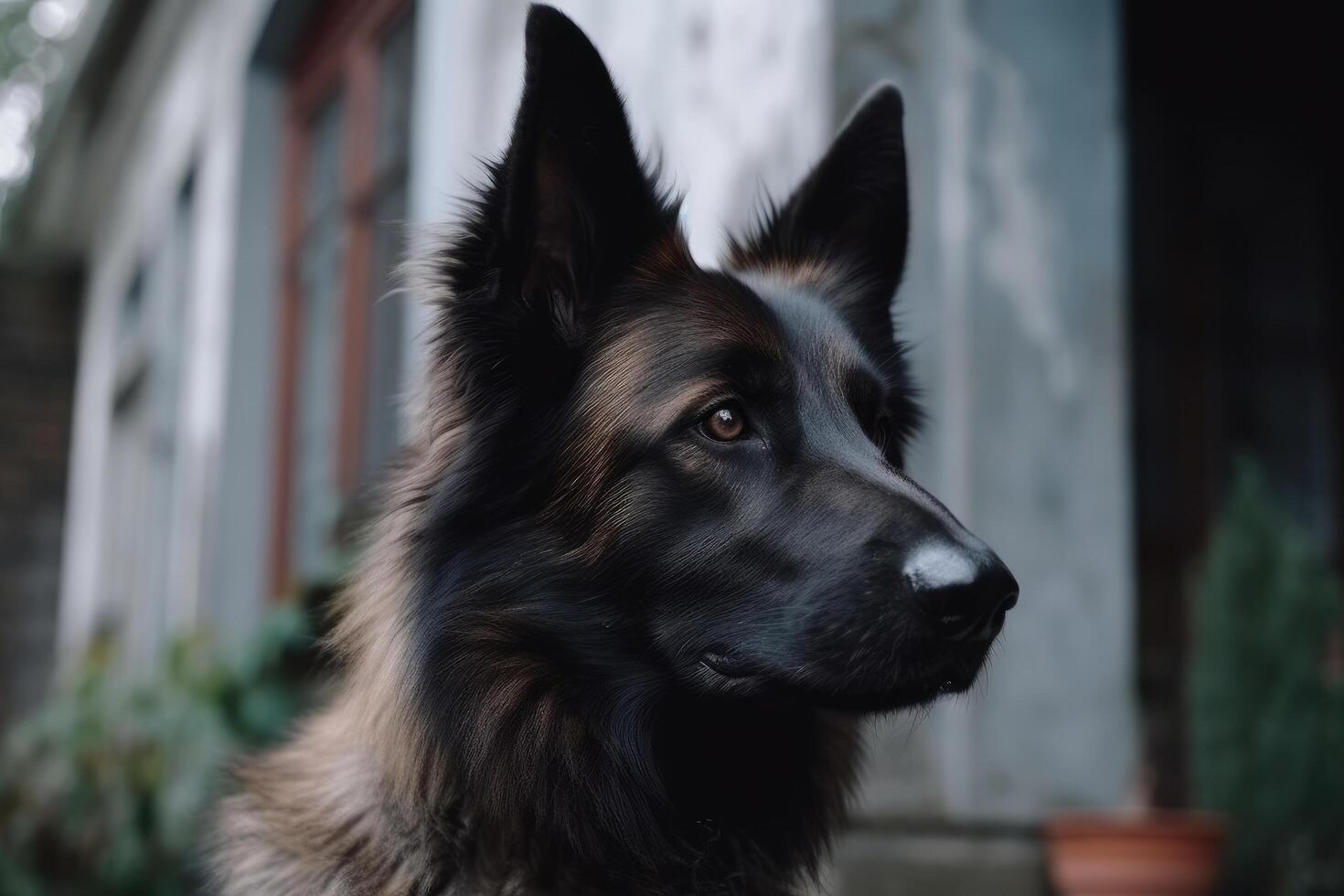 retrato de un alemán pastor perro en el antecedentes de el casa ai generado foto