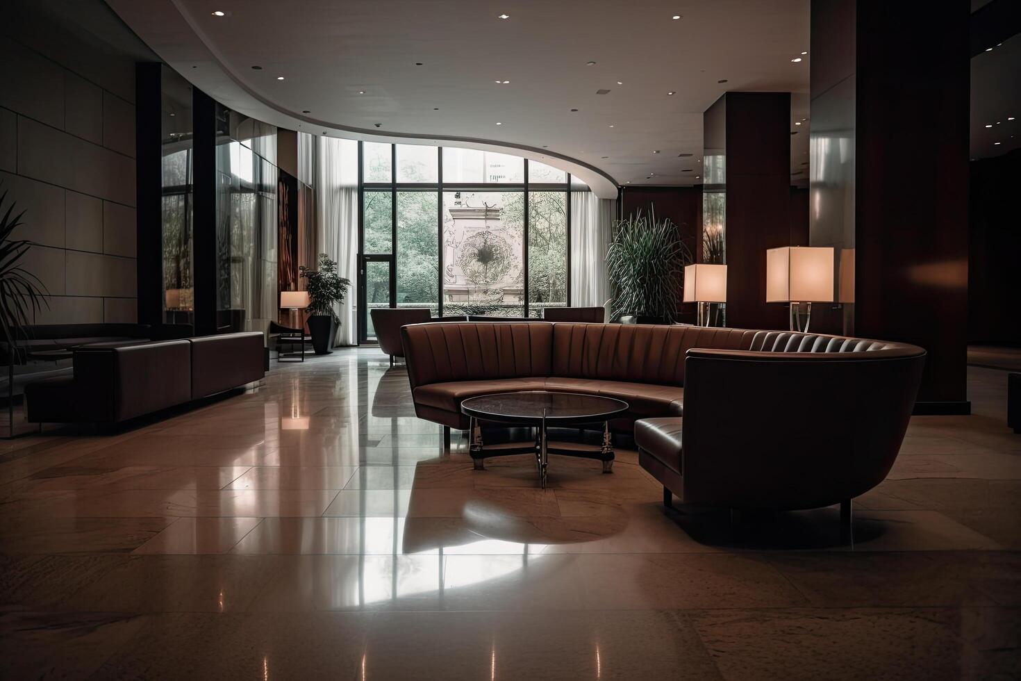 interior de el hotel vestíbulo con sofás y sillones, un lujoso hotel vestíbulo interior con un cómodo y elegante esperando área, ai generado foto