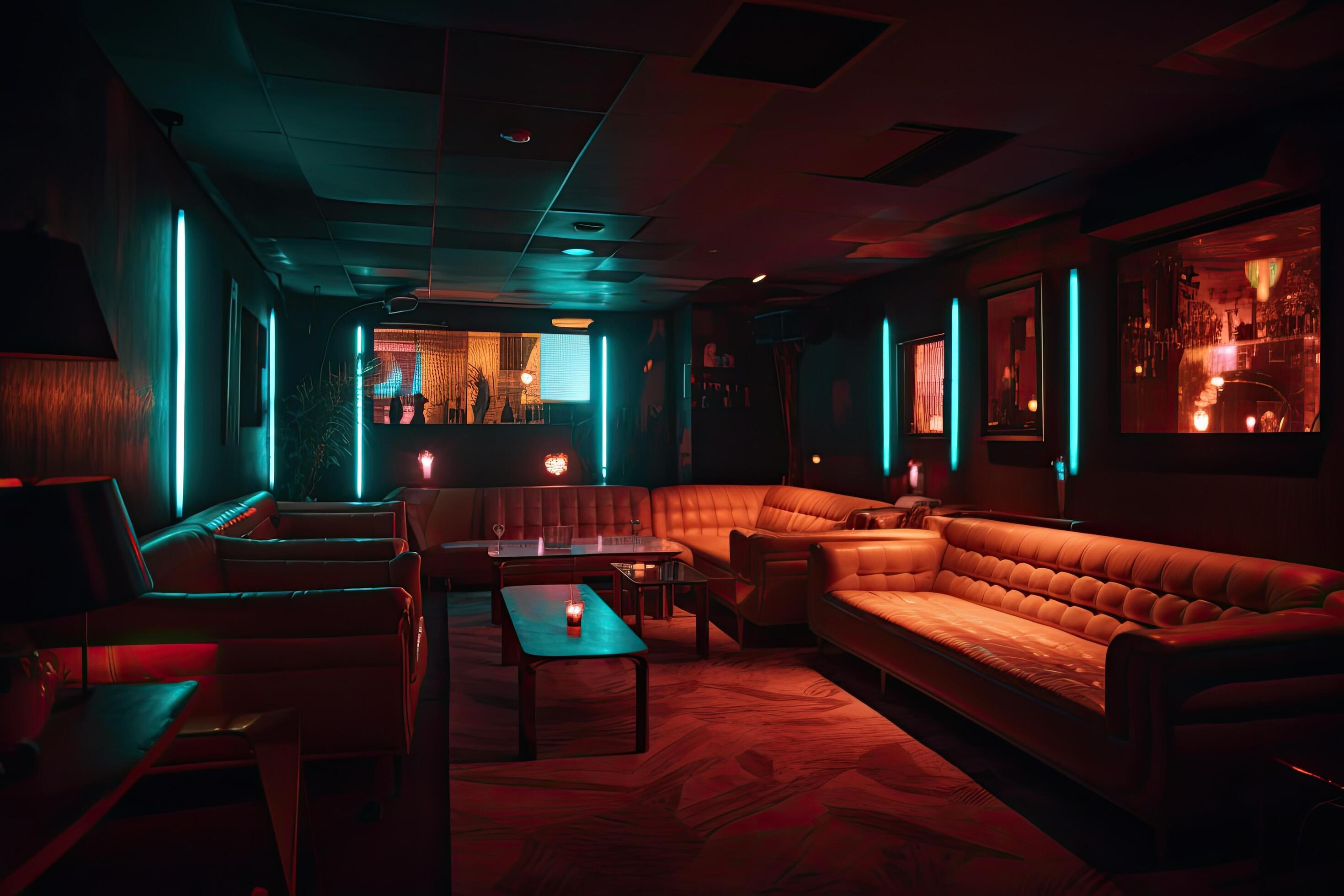 Interior of a night club with bright red and blue lights. A decorated night club with stylish