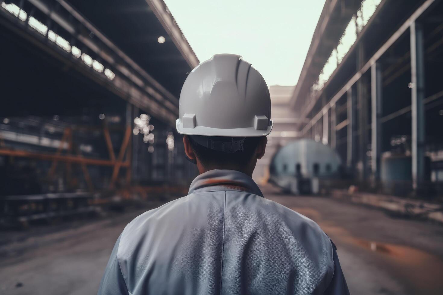 engineer or foreman with safety helmet at construction site, industrial background, An engineers rear view wearing a safety helmet in construction site, photo