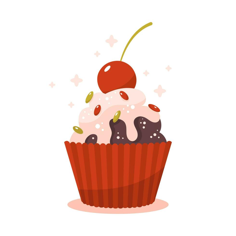 Flat vector illustration of cupcake with cream and cherry. Sweet dessert. Confectionery.