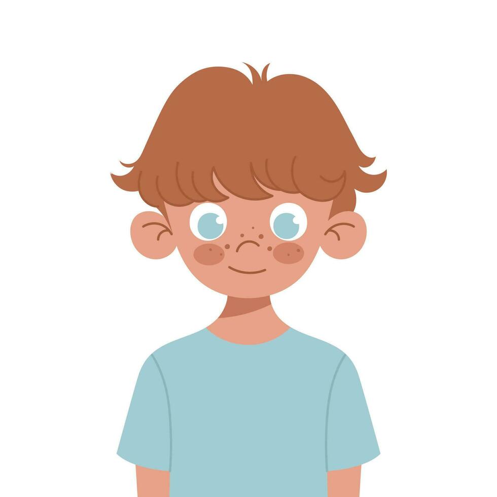 Vector cartoon funny little boy isolated on white background. Blue-eyed cheerful baby with red hair and freckles