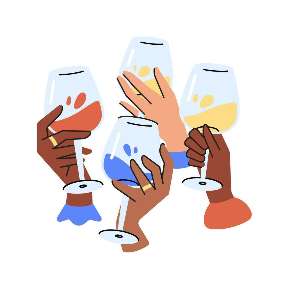 amigos manos participación lentes con champán, vino, cóctel y salud o Bebiendo brindis a amistad. de colores gráfico plano vector ilustración aislado en blanco antecedentes