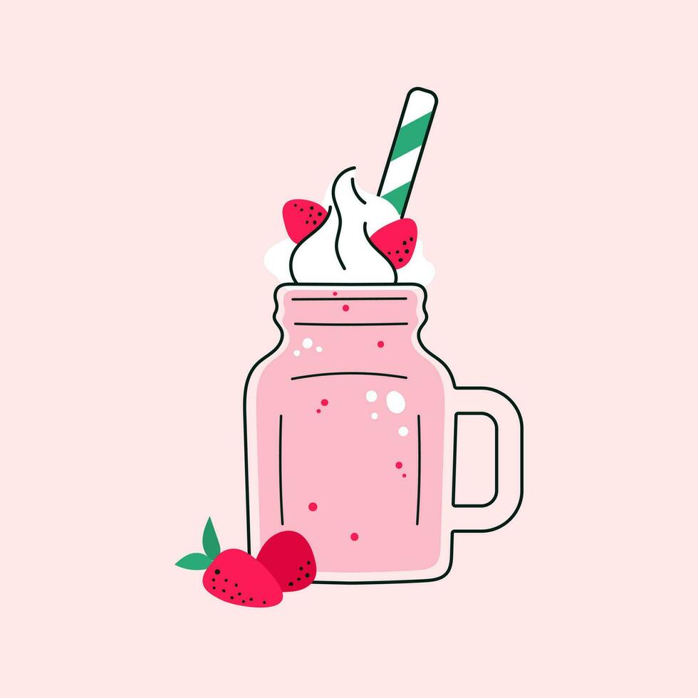 Colorful fruit milkshake design. Glass cup with straw filled with strawberry milkshake. Vector cartoon flat illustration isolated on light background.