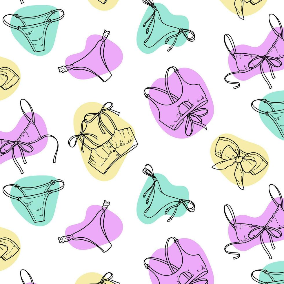 Seamless pattern of underwear in pastel colors on a white background. Women's underwear. Panties, bikinis and bras. Vector illustration