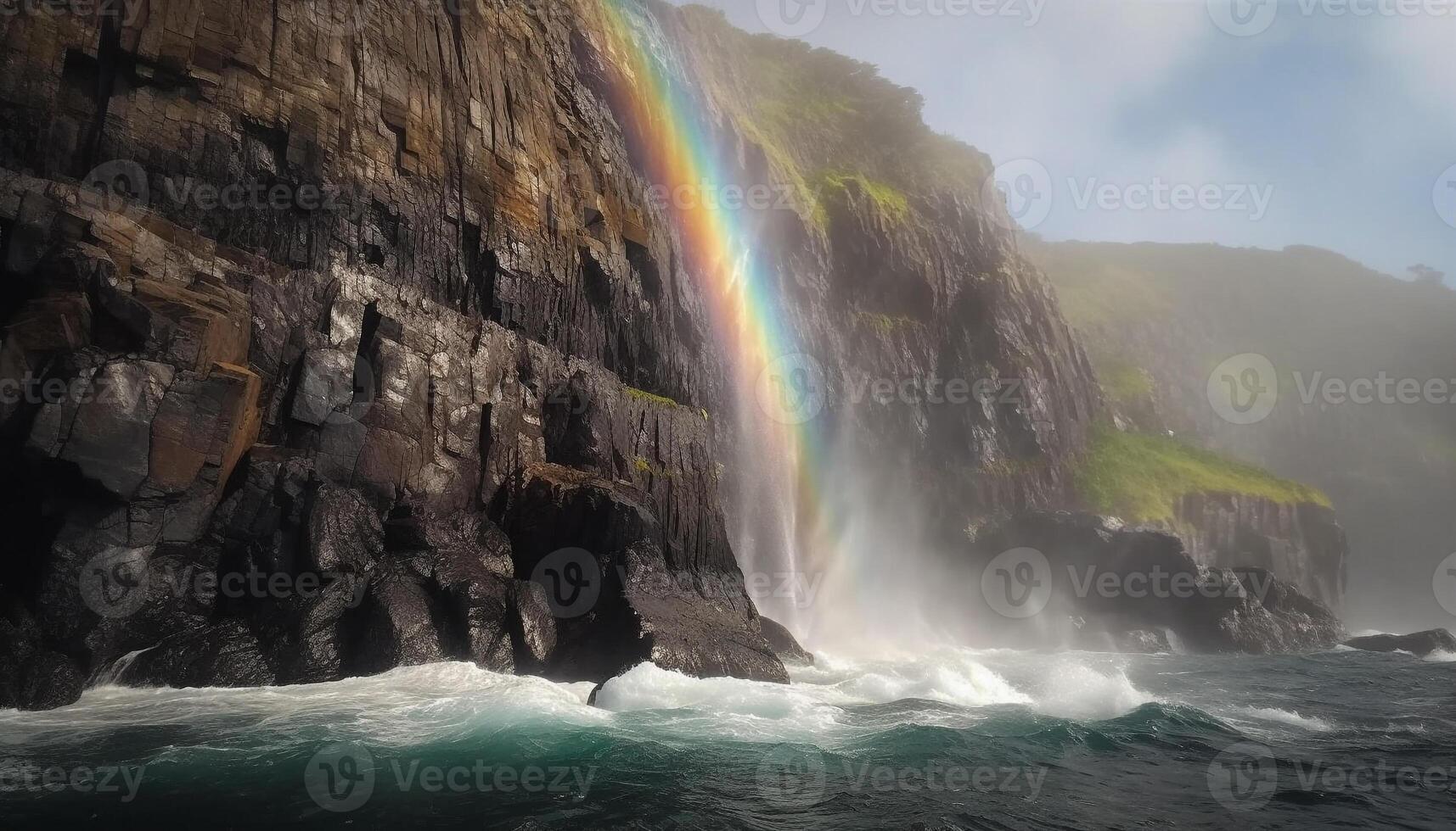 arco iris caídas terminado majestuoso montaña rango, rociar salpicaduras línea costera generado por ai foto