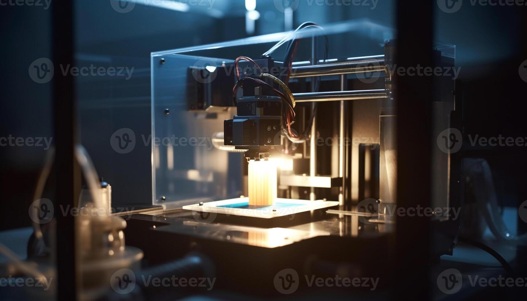 Robotic arm in futuristic factory controls precision cutting with laser generated by AI photo