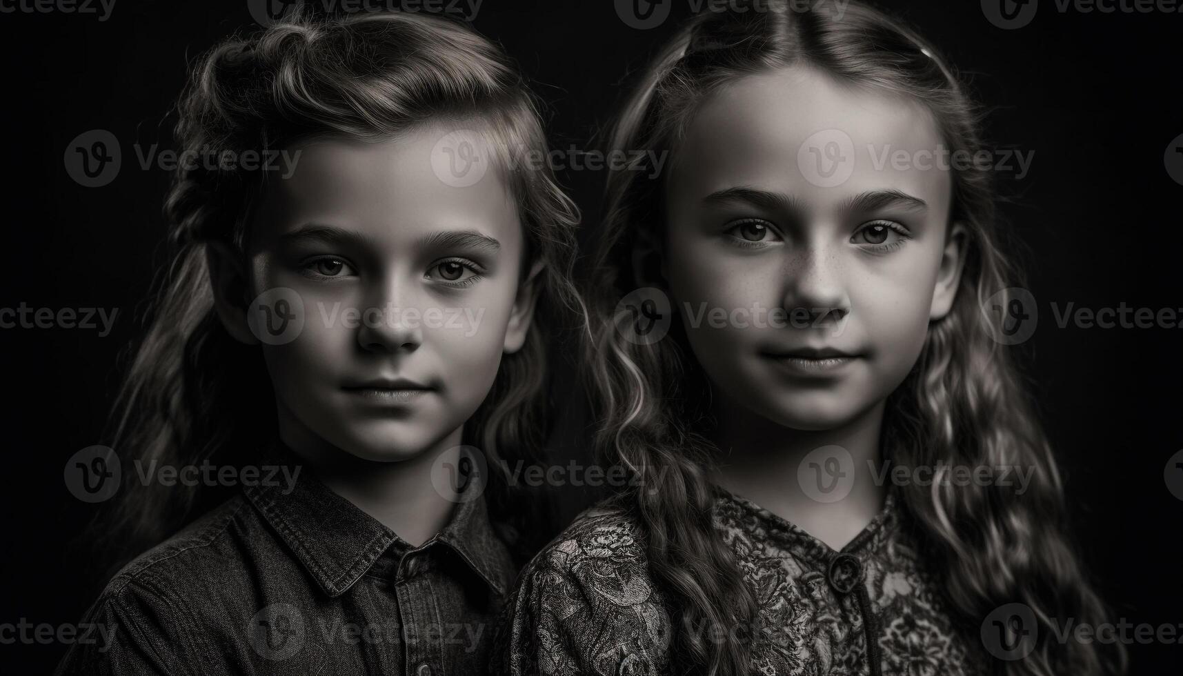 Smiling siblings exude innocence and love in monochrome portrait generated by AI photo