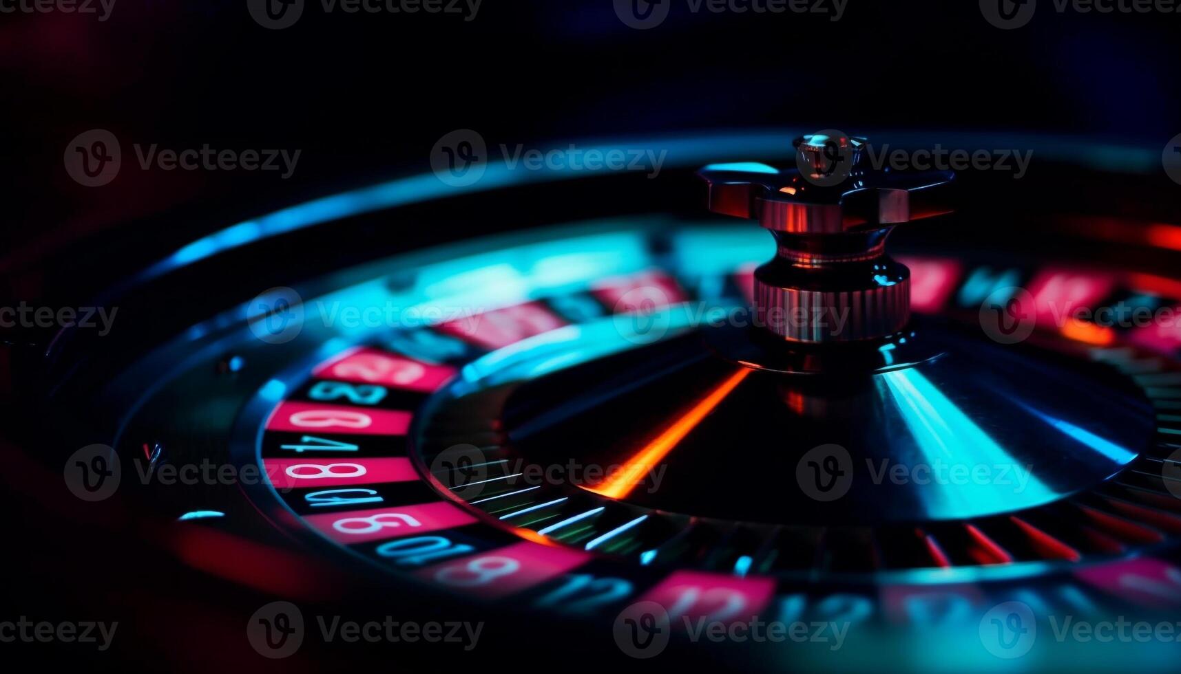 Spinning roulette wheel illuminates dark casino, risking wealth and addiction generated by AI photo