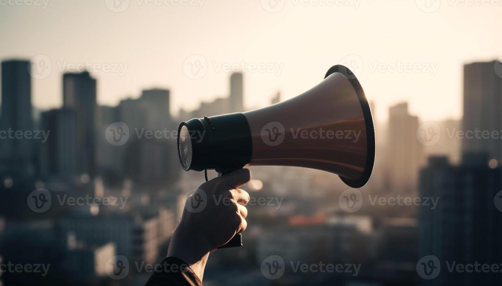 Businessman shouting success message through megaphone in urban skyline sunset generated by AI photo