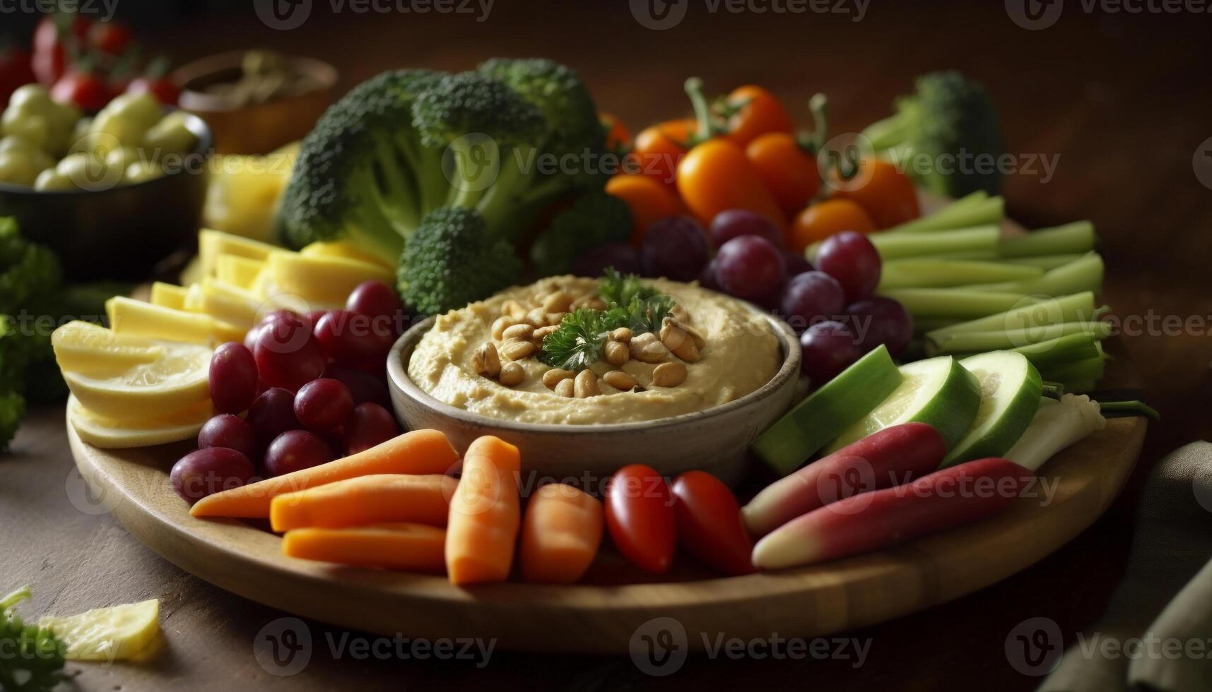 Fresh vegetarian meal with healthy salad, dip, and guacamole appetizer generated by AI photo