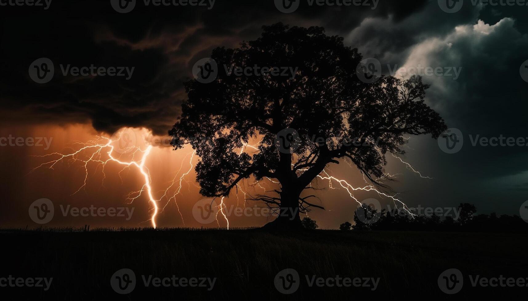 Dramatic sky, spooky silhouette, thunderstorm, nature electricity, danger lurking generated by AI photo