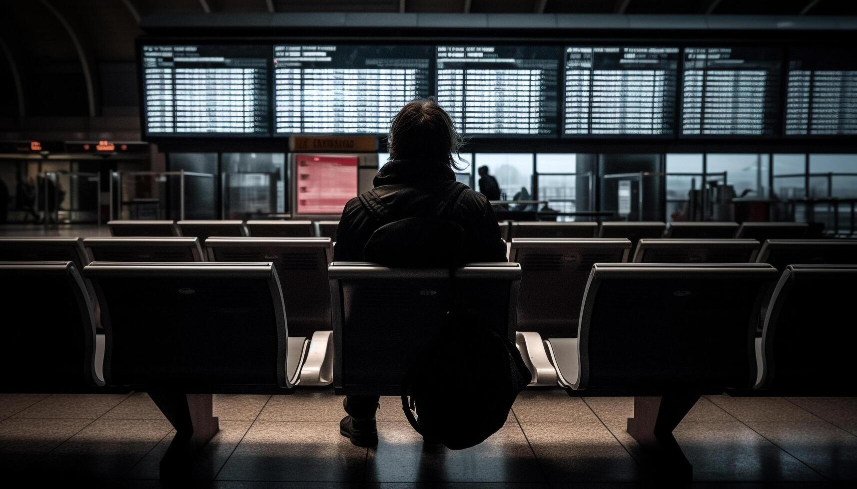 uno persona espera, sentado en silla, dentro aeropuerto salida zona generado por ai foto