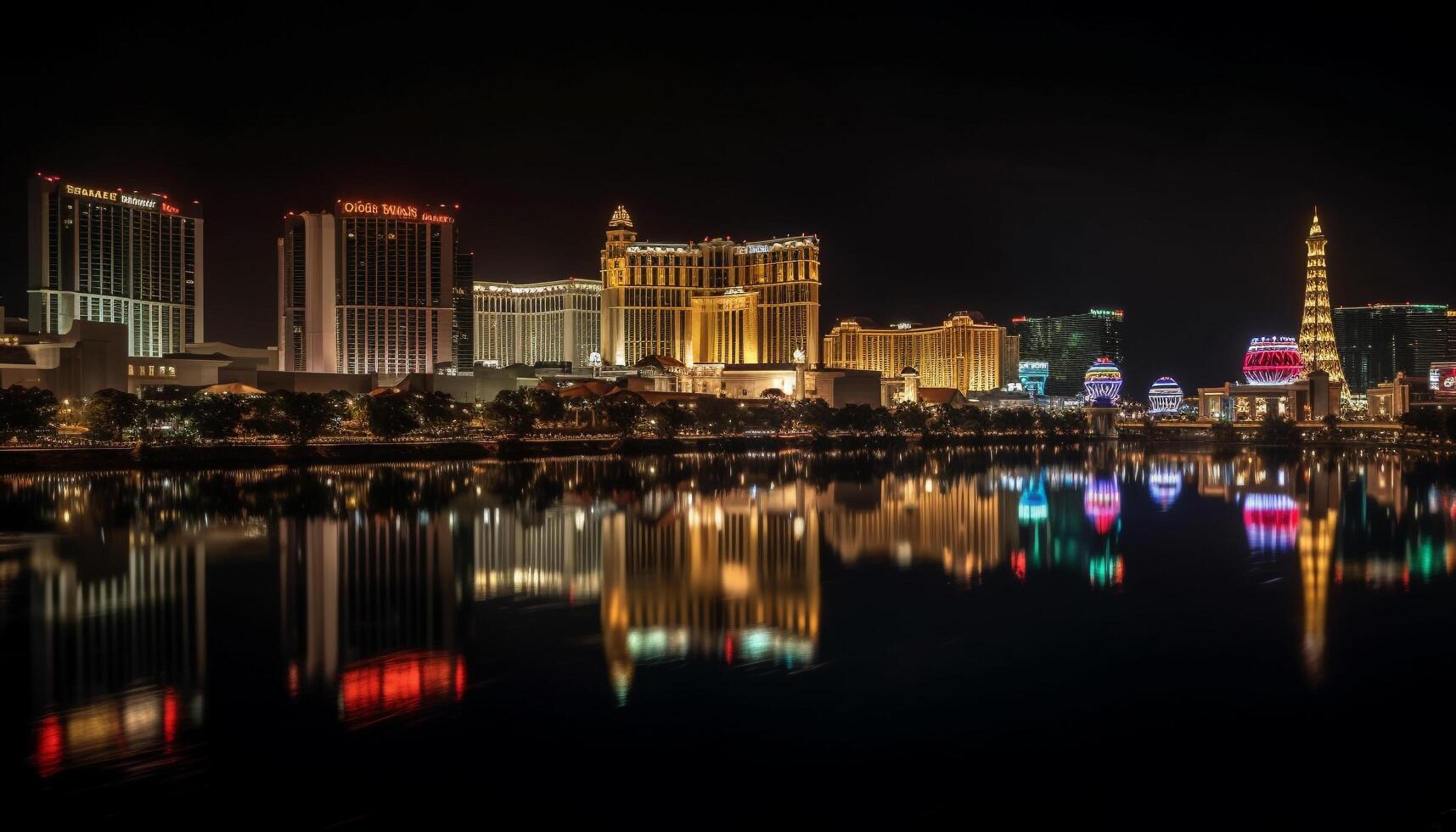 Nightlife illuminates modern casino skyline, reflecting multi colored cityscape architecture generated by AI photo