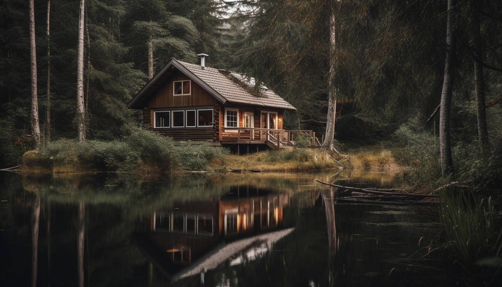 Rustic log cabin nestled in tranquil forest near mountain range generated by AI photo