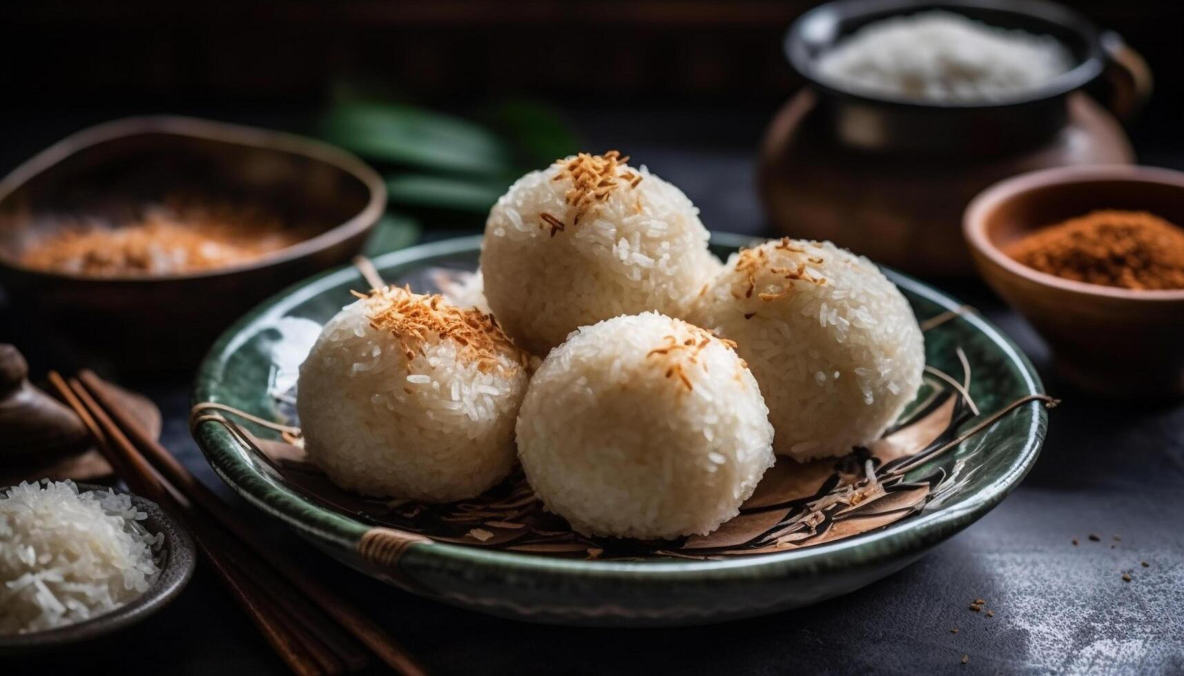 Steamed rice bowl, gourmet meal, fresh coconut, healthy eating generated by AI photo