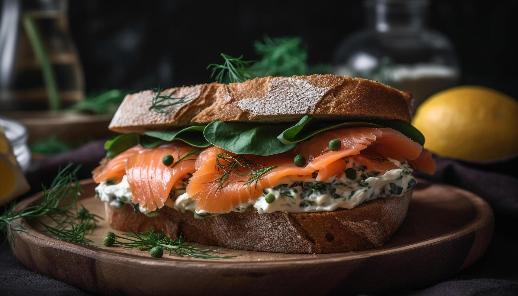 Rustic ciabatta sandwich with grilled seafood and fresh vegetables indoors generated by AI photo