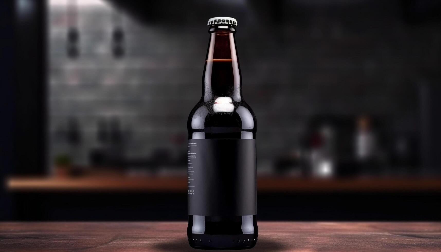 Dark liquid in beer bottle on table at pub counter generated by AI photo