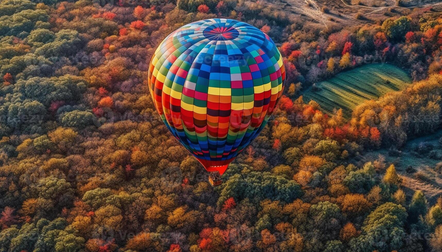 Multi colored hot air balloon gliding high above vibrant mountain range generated by AI photo