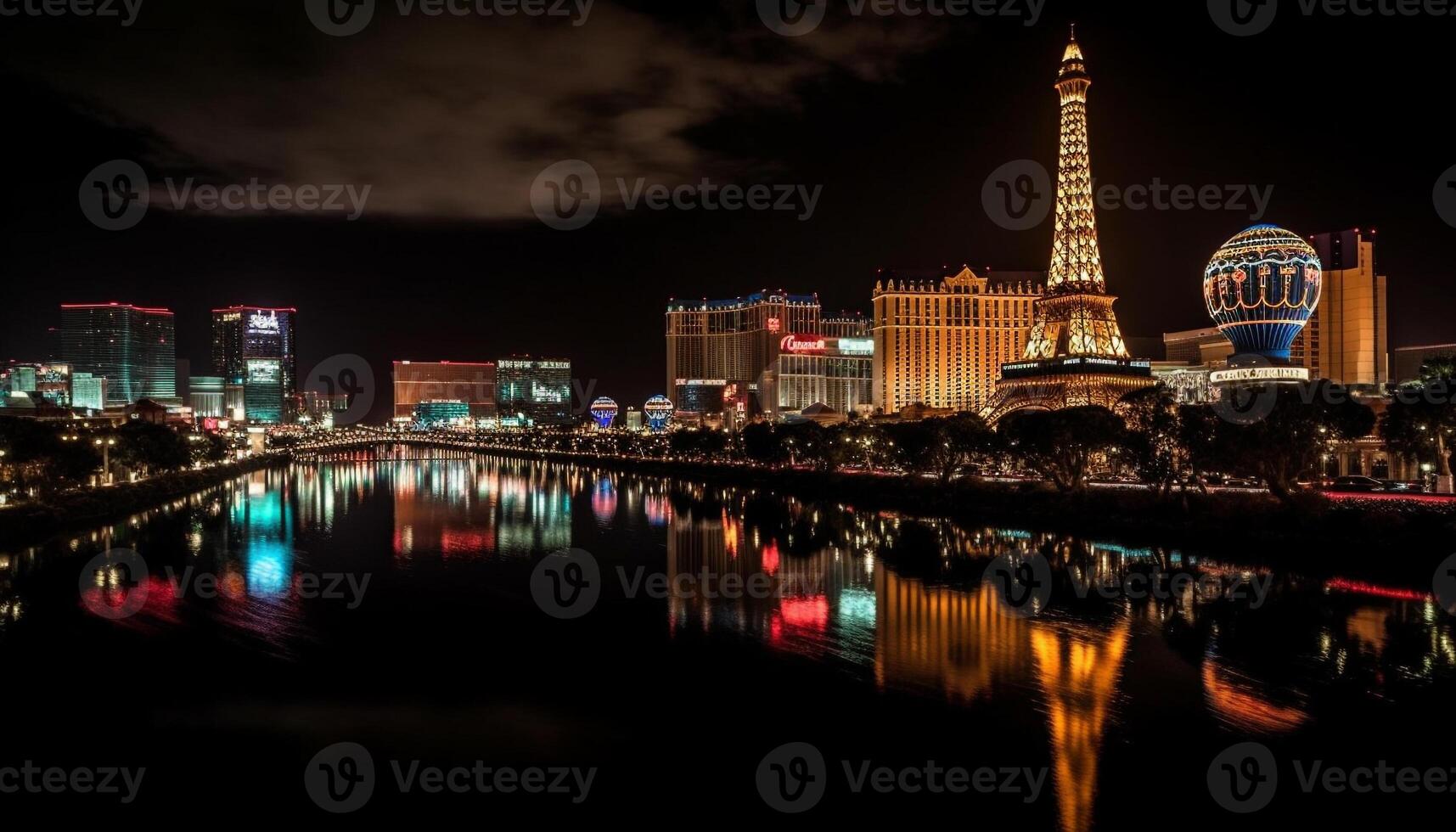 Illuminated city skyline reflects in water, a vibrant nightlife destination generated by AI photo