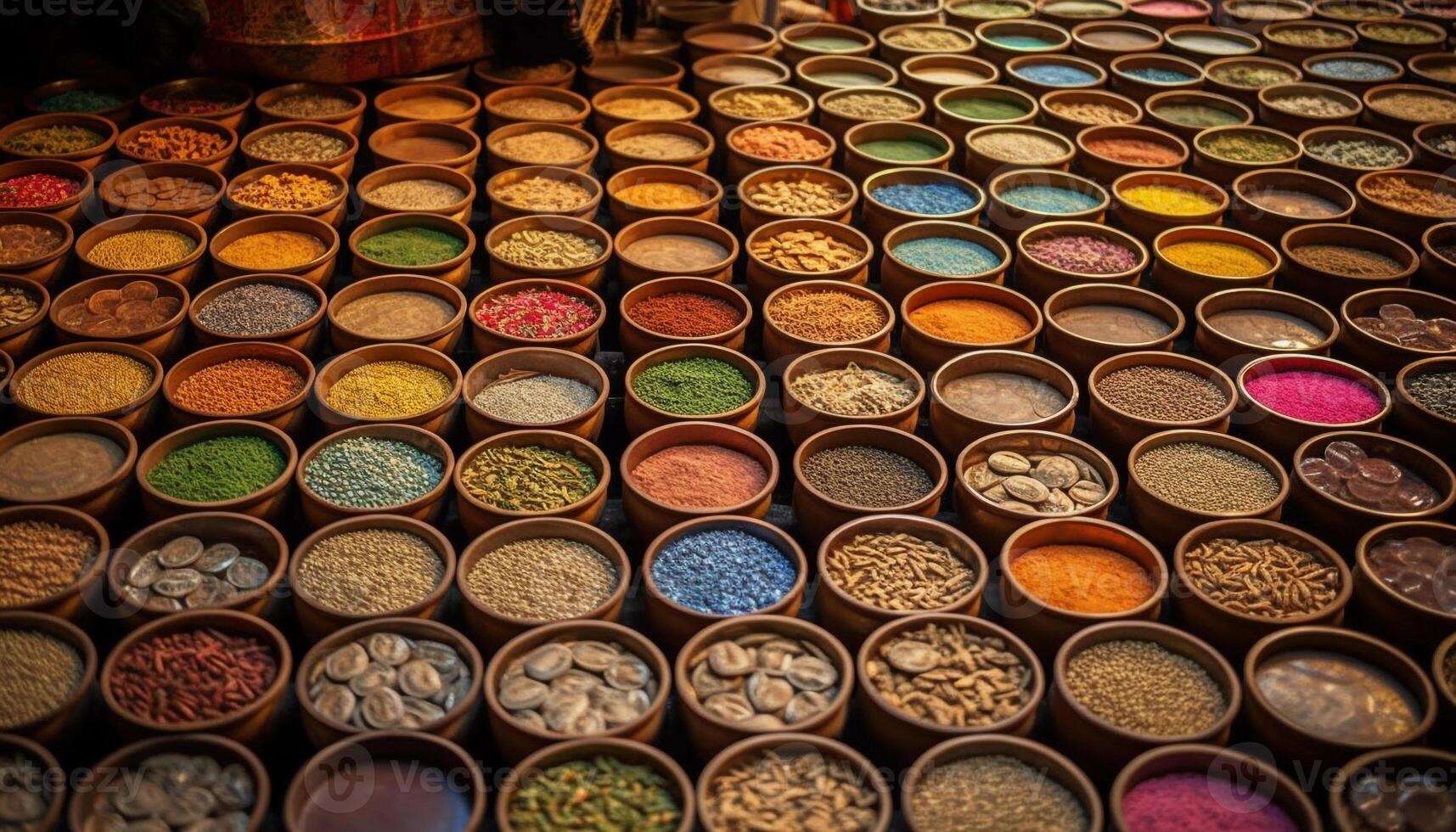 Vibrant colors of spices in a bowl, a culinary collection generated by AI photo