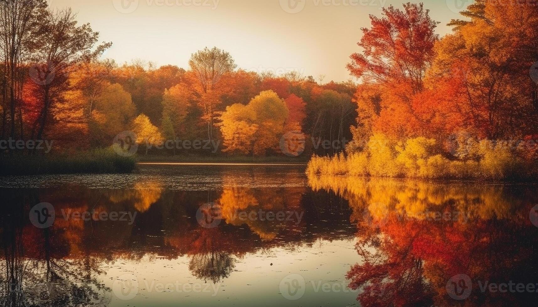 Vibrant autumn landscape reflects beauty in nature tranquil wilderness scene generated by AI photo