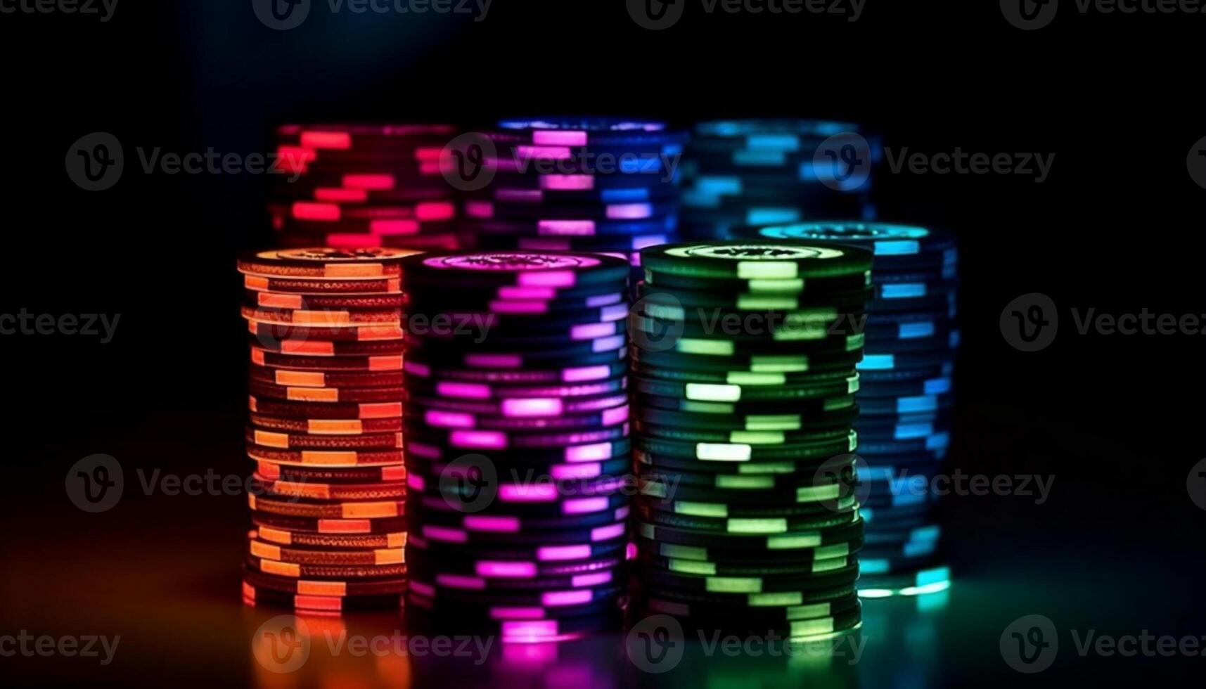 Stacks of wealth won in the dark casino nightlife generated by AI photo