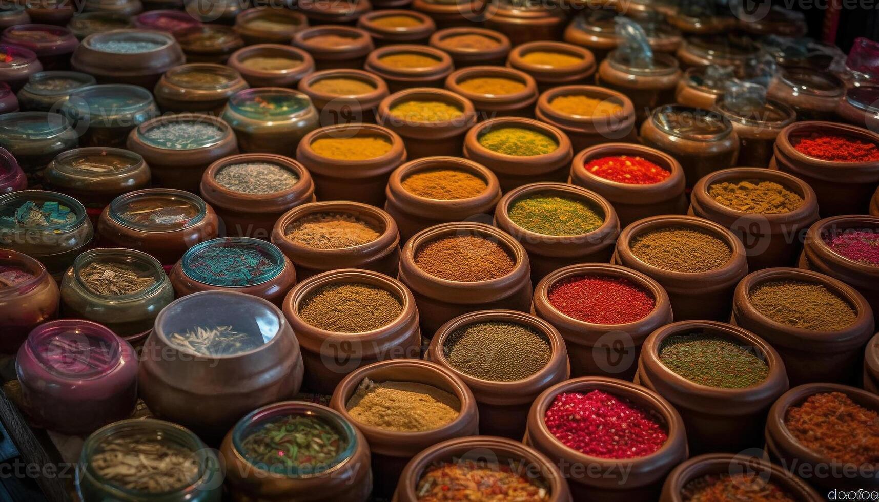 Vibrant colors of pottery collection in a large store display generated by AI photo