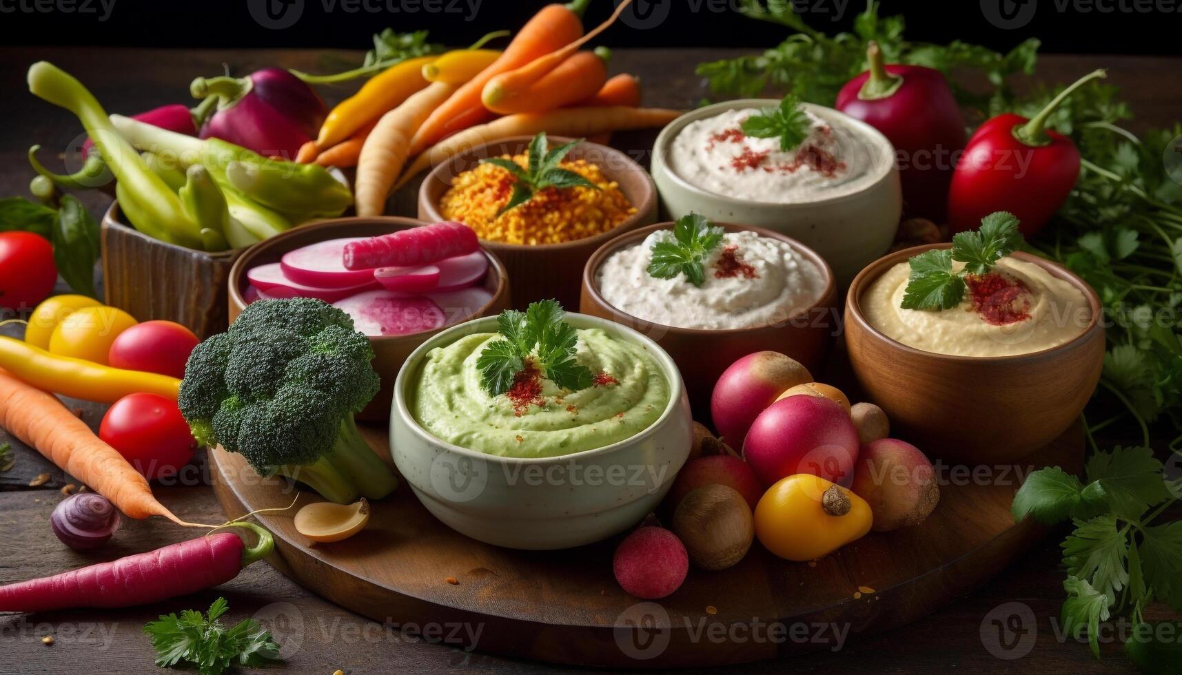 Fresh organic vegetable salad with avocado, tomato, and cilantro dip generated by AI photo