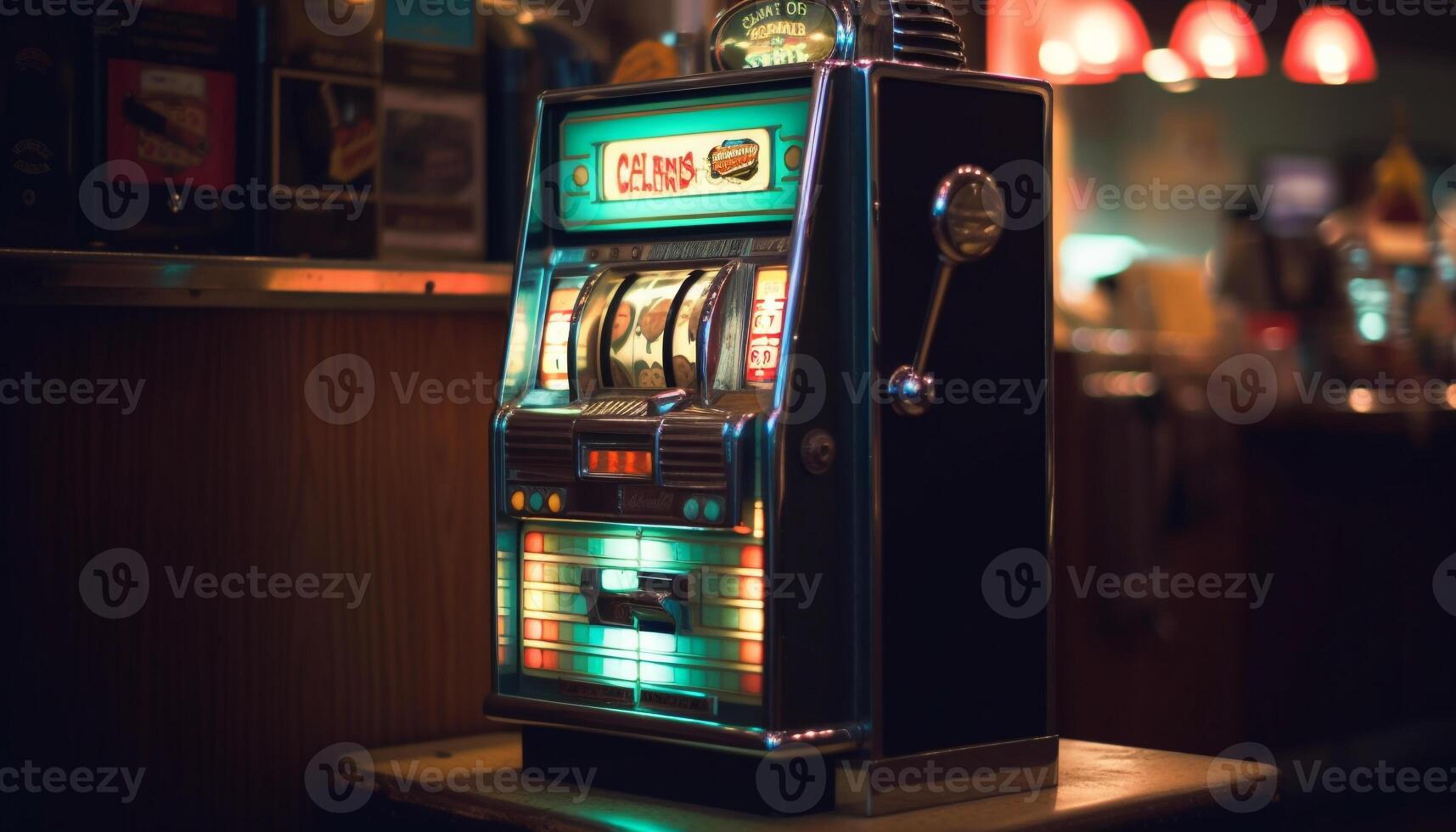 Nightlife fun gambling success at casino bar with slot machines generated by AI photo