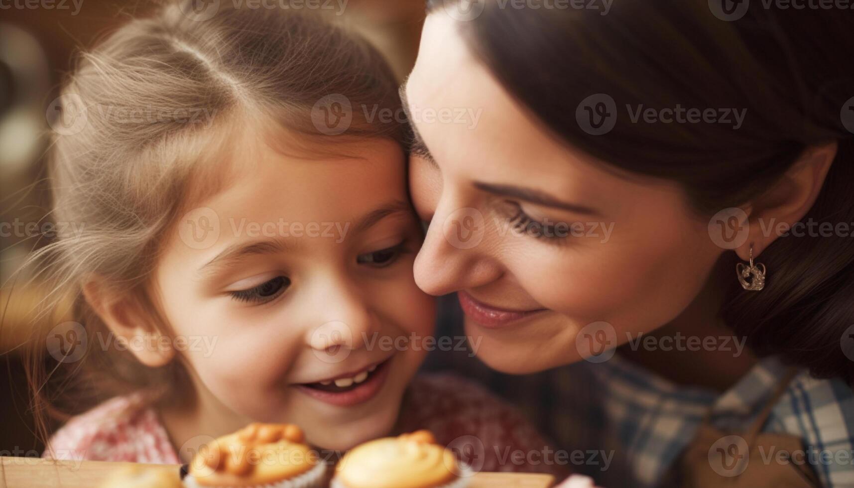 sonriente madre y hija disfrutando dulce comida en Doméstico cocina generado por ai foto