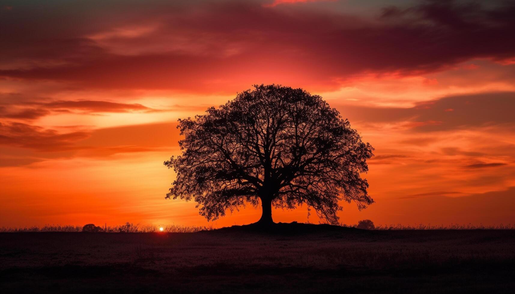 Vibrant sunset silhouettes tree, meadow, and horizon in multi colored beauty generated by AI photo