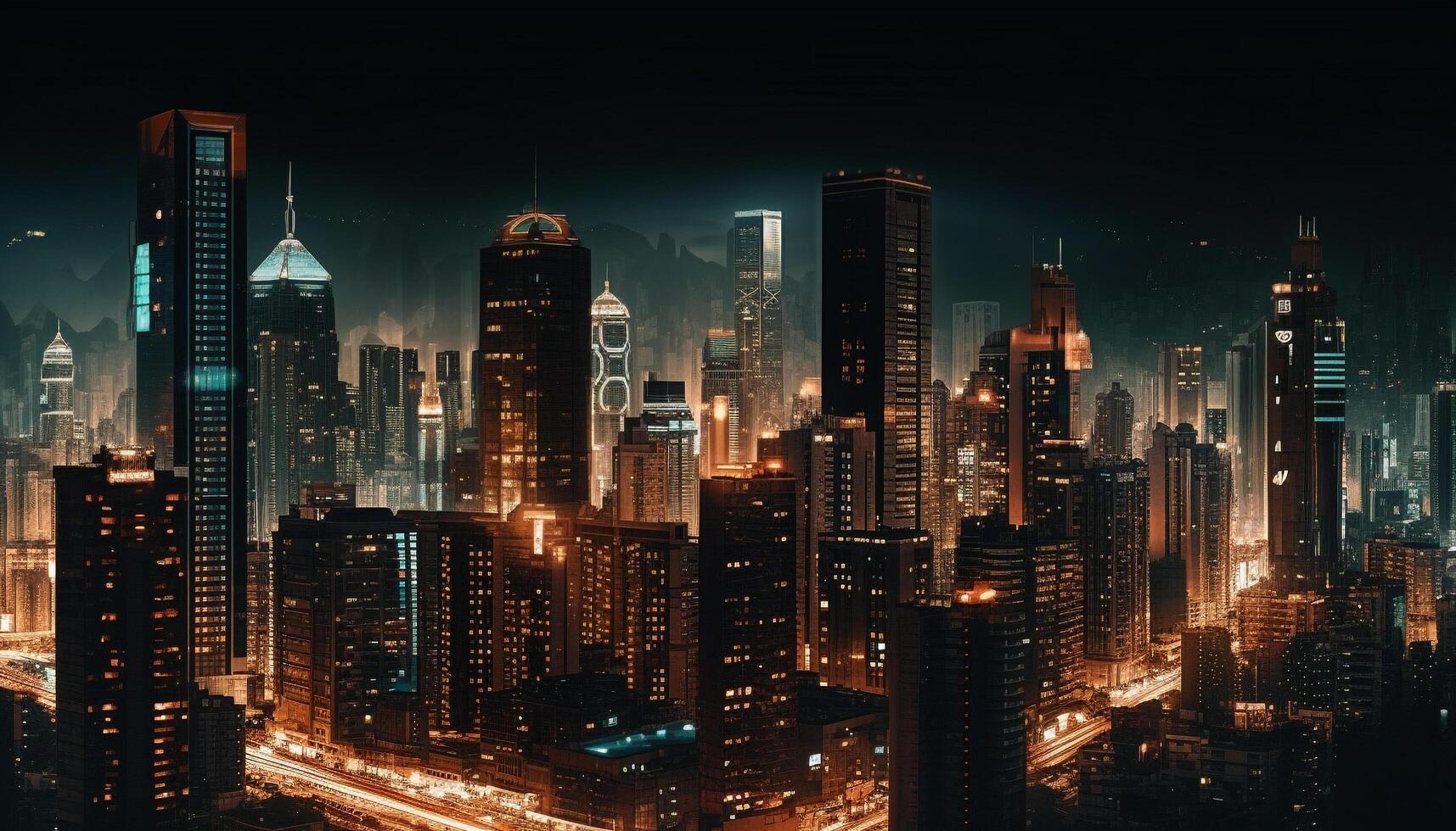 brillante rascacielos iluminar el concurrido ciudad horizonte a oscuridad generado por ai foto