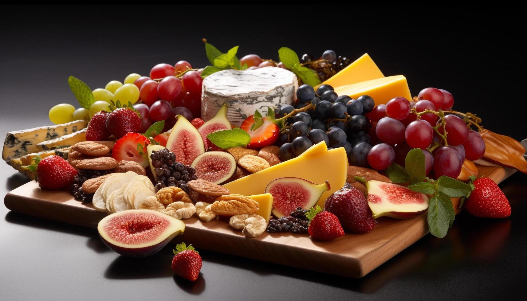 Fresco gastrónomo Fruta plato uva, fresa, frambuesa, melón, arándano, higo, almendra generado por ai foto