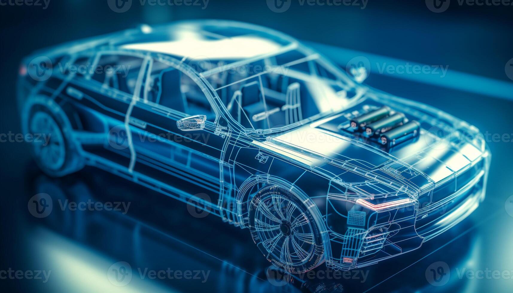 Futuristic blueprint for a toned, blue hybrid sports car generated by AI photo